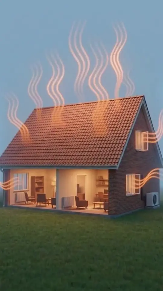 A muted loop of a 3D cutaway of a brick house, with orange waves of warmth rising from the rooms through the roof