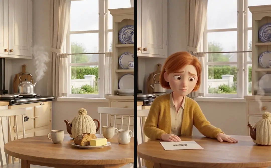 An approved still of a 3D kitchen with a round table, a teapot and bread but no people, beside a shot of a woman at the same table