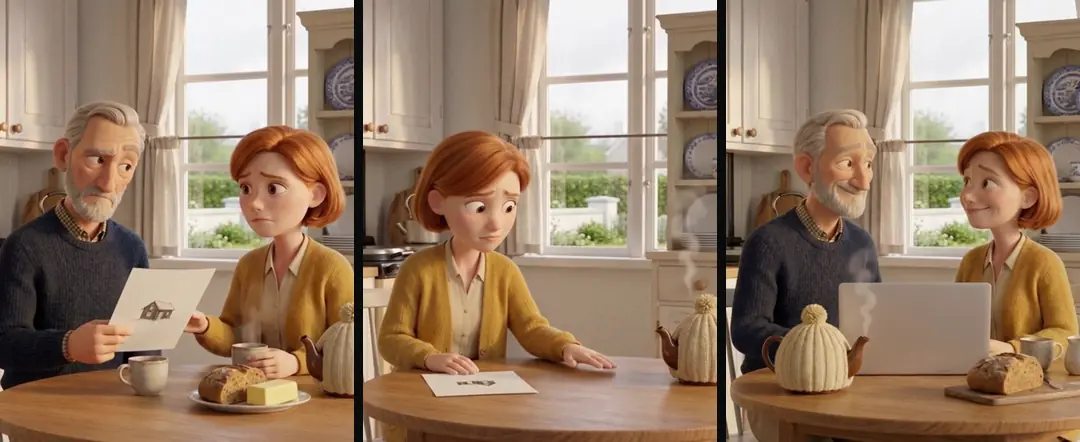 Three 3D shots in the same Irish kitchen: a man and a woman at a round table with a sheet of paper, the woman alone with her hands on the table, and the pair behind a laptop