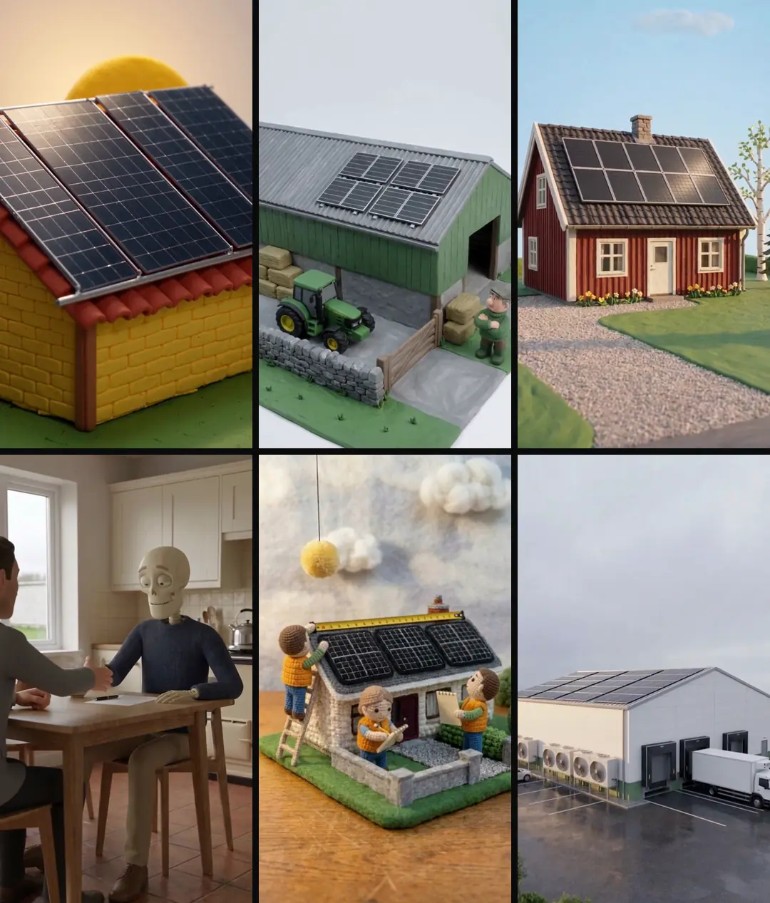 Six vertical clips from our library in two rows: a clay house with panels, a small shed, a red wooden house with panels, a skeleton shaking hands across a kitchen table, crochet installers and a 3D cold store