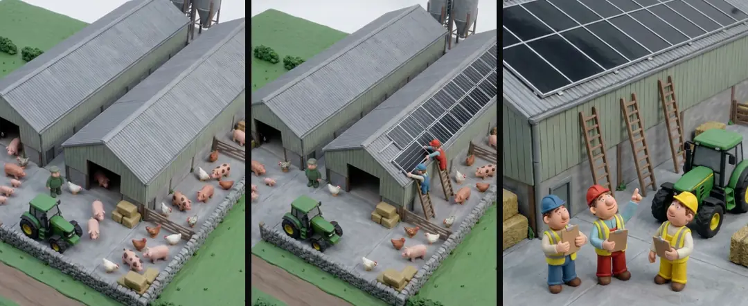 Three clay shots of the same farm: the long sheds from above, two installers on ladders at a shed roof, and three installers in the yard