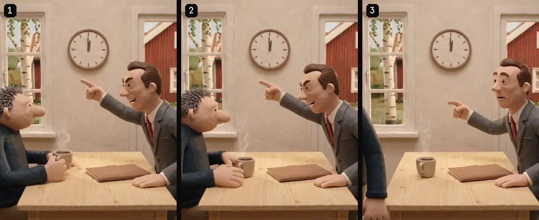 Three numbered frames from one clay opening: a salesman points at a wall clock across a kitchen table while the man with a coffee cup leans back and then leaves the frame