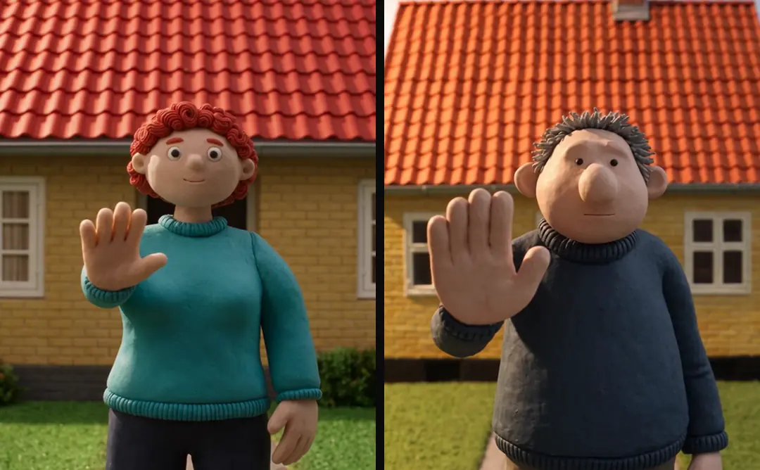 Two clay openings side by side: a woman on a garden path holding up her palm, and a man on the same path making the same gesture