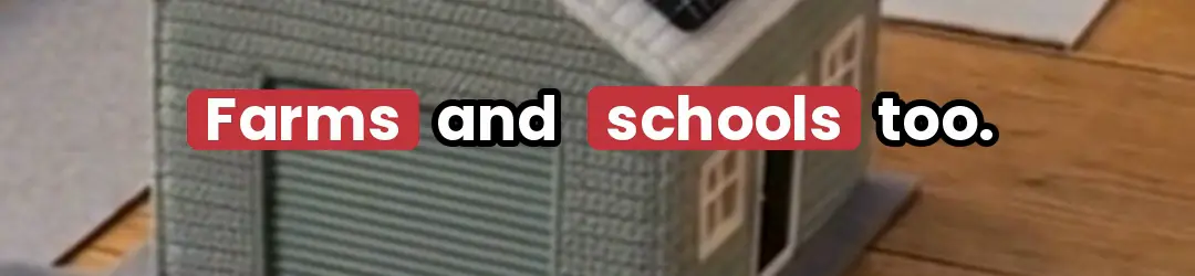 A strip from the bottom of a vertical crochet ad showing a burned-in caption in white bold letters: Farms and schools too, with two words in red boxes