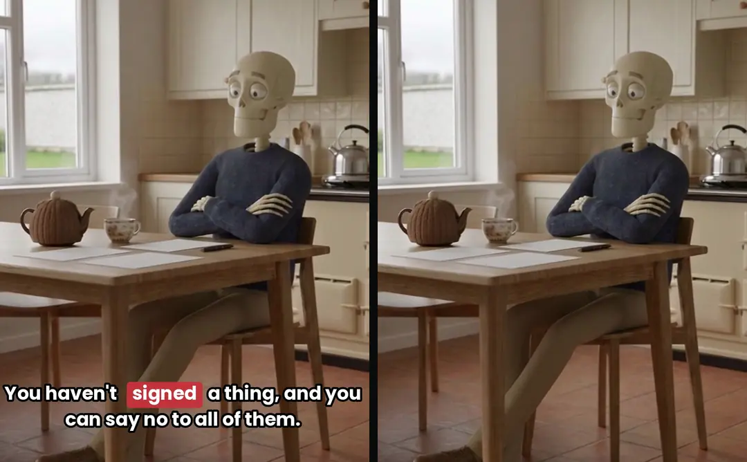The same frame from a skeleton ad and from our clip library: a skeleton with folded arms at a kitchen table, once with a burned-in caption and once clean