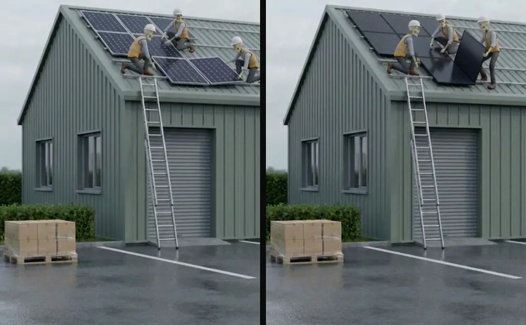 Two versions of the same skeleton shot: three installers in high-visibility vests laying panels on a pitched roof, once with blue panels and once with black