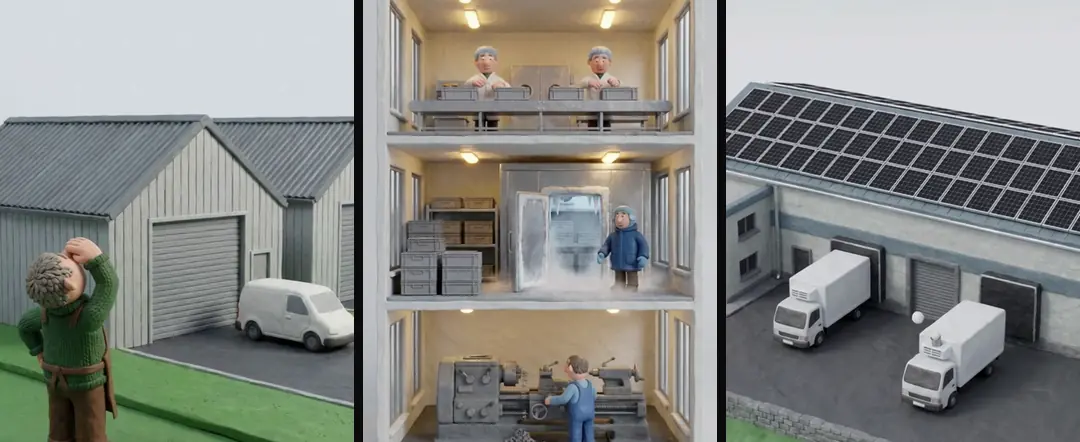 Three clay clips filed by the job they do: an owner looking up at the bare roof of his unit, a dollhouse cut-away of a business on three floors, and a food factory with panels across its roof