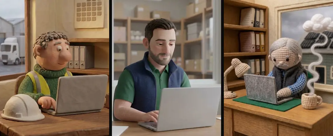 The same closing shot in clay, 3D and crochet: a business owner at a laptop whose lid faces the camera and is blank
