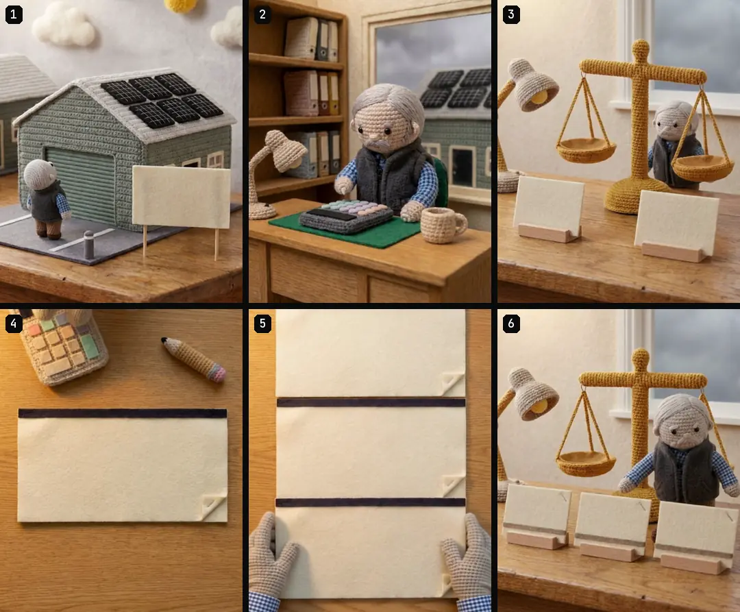Six numbered crochet shots from one round: a business unit with a blank sign, an owner at a calculator, a balance with two cards, a blank sheet from above, three laid sheets and an owner with three cards