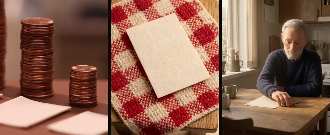 Blank paper in three of our worlds: clay sheets beside copper coin stacks, one crocheted sheet on a gingham cloth, and a 3D man writing on a blank page