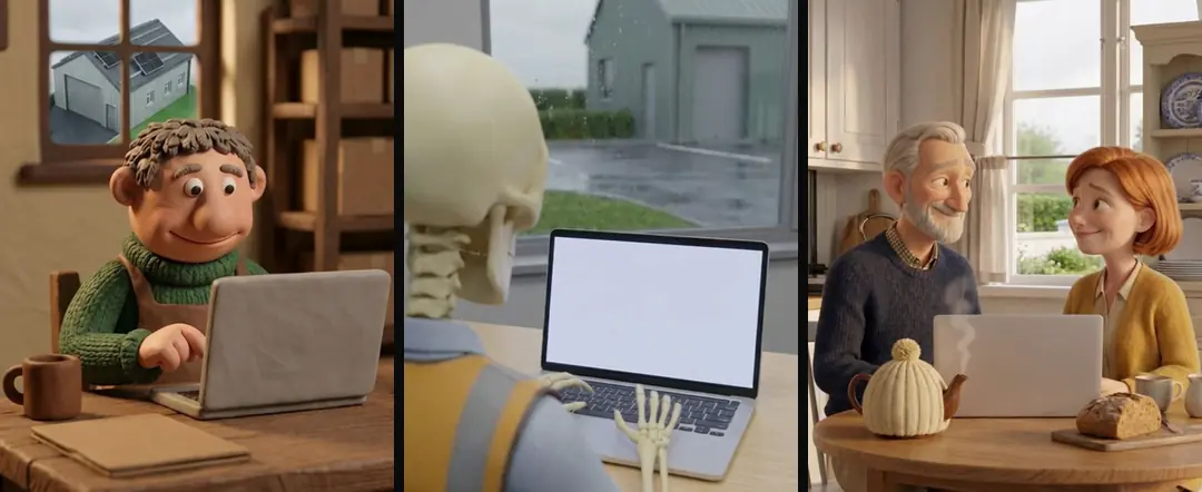 One call-to-action setup in three worlds: a clay shop owner behind a laptop lid, a skeleton at a blank screen seen over its shoulder, and a 3D couple at a kitchen laptop