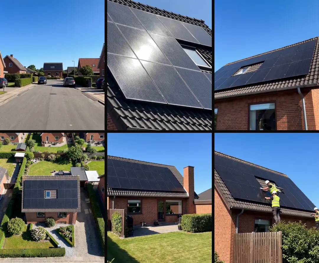 Six views of the same red brick house with black solar panels: the street, the panels up close, a low angle, from the air, the back garden and installers on the roof