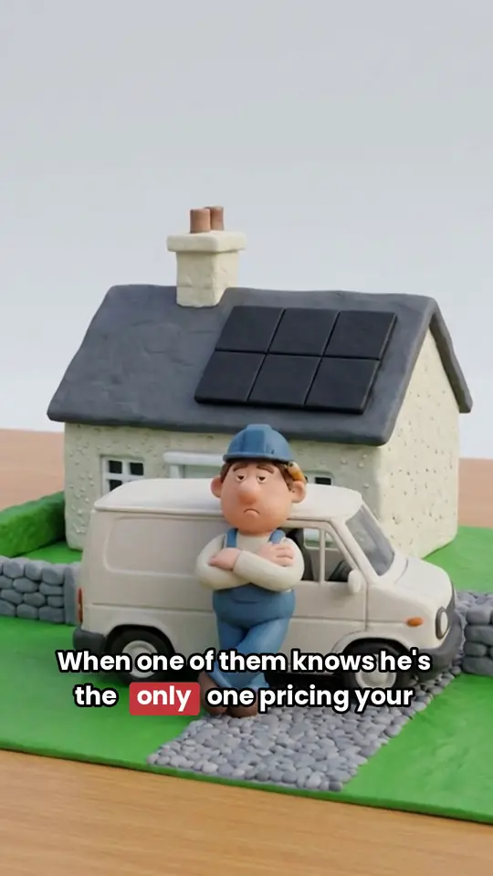 A frame from our clay ad: an installer leaning on his white van in front of a house, and a two-line caption three quarters down with the word only in a red box