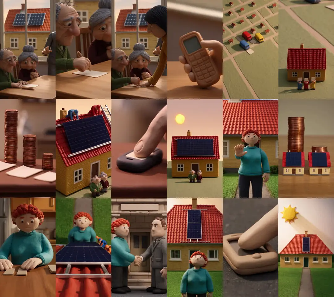 Eighteen clay clips on one contact sheet: couples at a kitchen table, houses with panels, coin stacks, vans on a map, small installers and close-ups of a phone