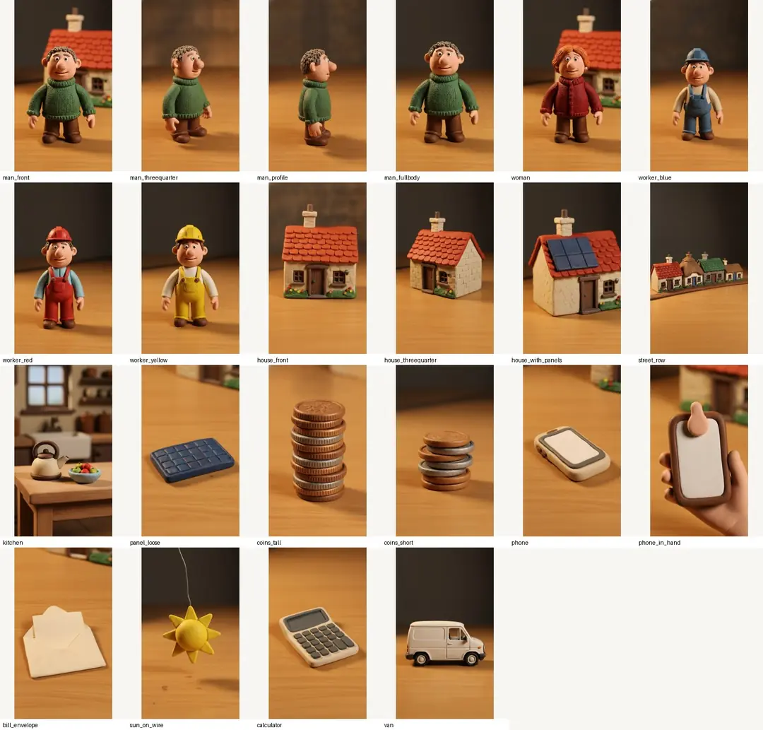 Our clay world on one sheet: the same clay man from four angles, a woman, three installers, houses, a street, a kitchen and props such as coins, an envelope, a calculator and a van