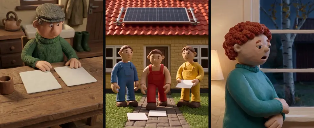 Three clay shots that held up: a farmer at a kitchen table with two blank sheets, three small installers laying blank sheets in front of a house, and a woman by a rainy window looking away