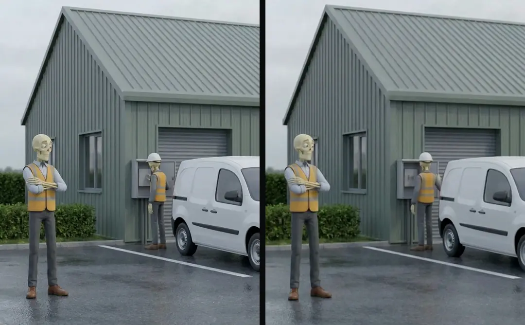 A start frame of a skeleton technician beside a plain white van at a unit wall, and a frame of the finished clip made from it