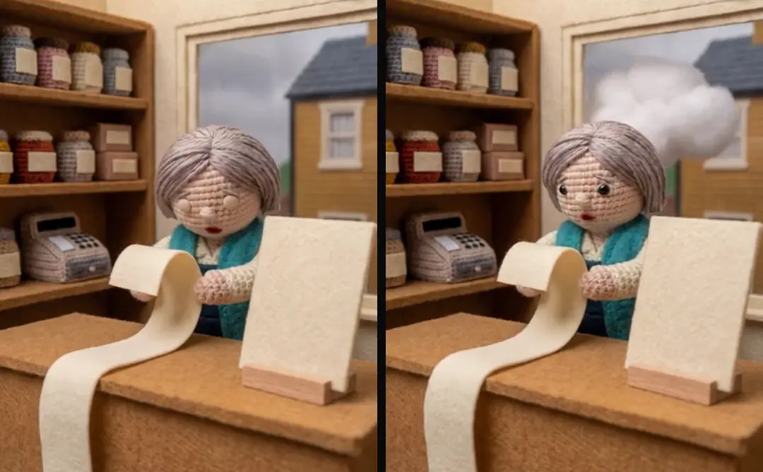 Two crochet clips of the same shop counter playing side by side: the same owner and set, animated differently in each run