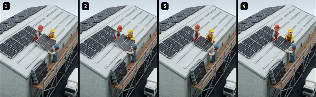 Four numbered frames from one clay clip, start to end: three installers on scaffolding lifting a panel onto a long roof