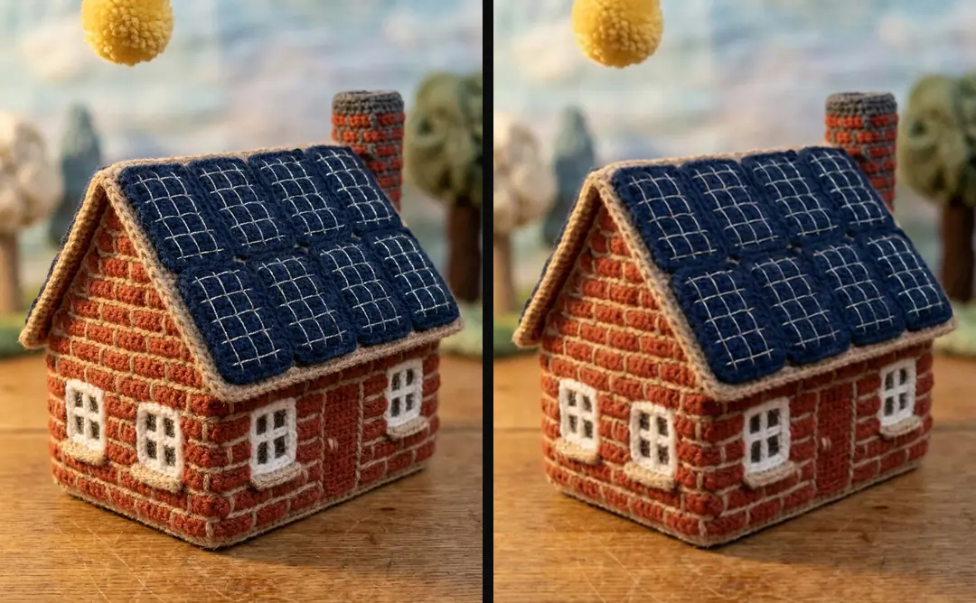 An approved crochet reference of a brick house with a roof full of panels, beside a frame from a clip of the same house