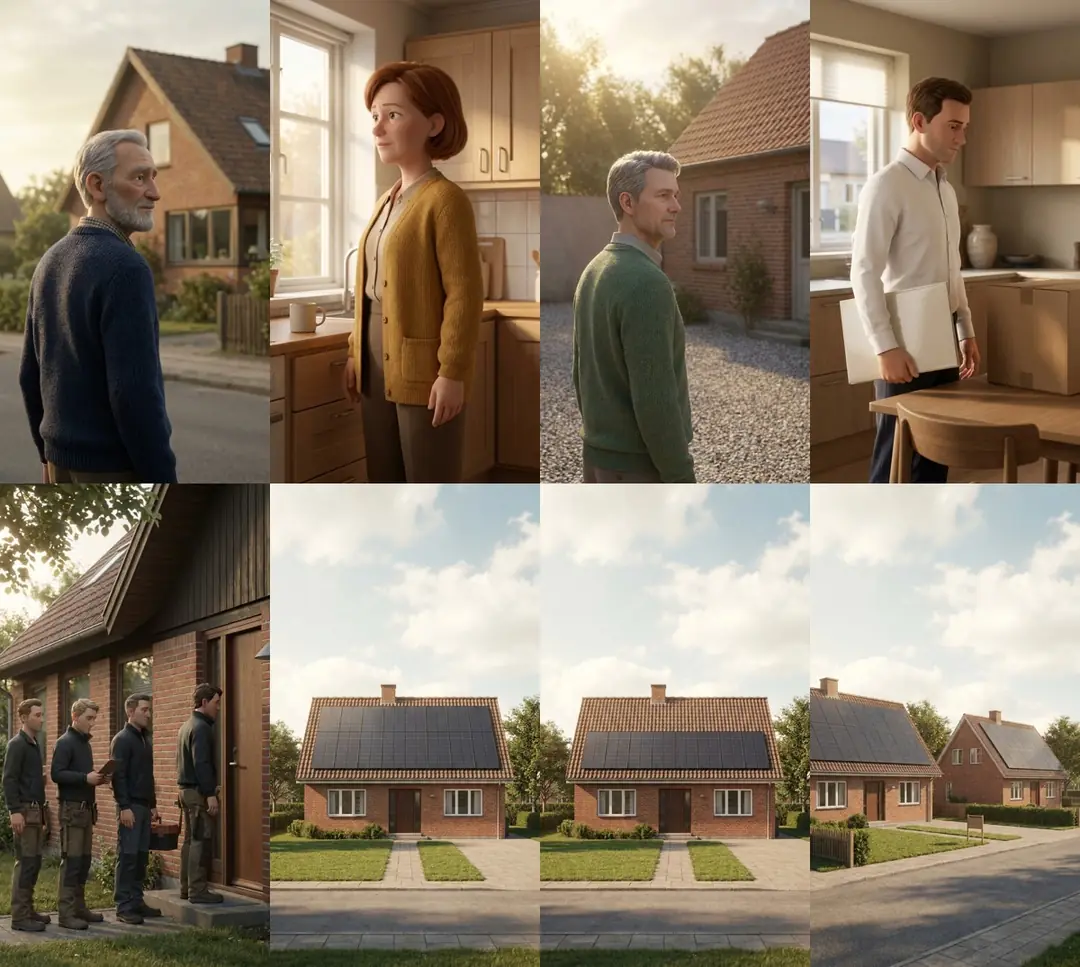 A contact sheet of our 3D world on one page: four characters in the top row, then four installers at a front door and three views of brick houses with solar panels