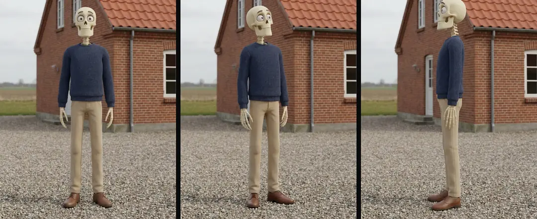 Our skeleton character from the front, three-quarter and side: a blue sweater, beige trousers and brown shoes, in front of the same red brick house