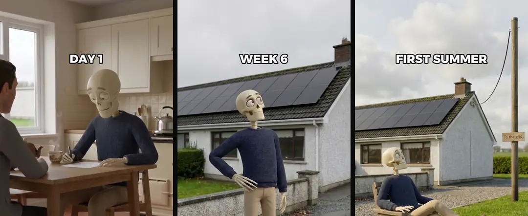 Three shots of the same cartoon skeleton: signing at a kitchen table, standing by a bungalow with new panels, and resting in a garden chair outside it