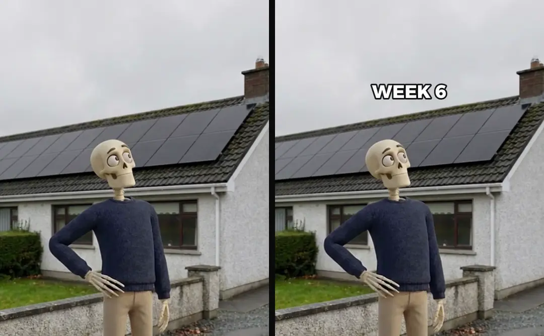 The same shot twice: a cartoon skeleton by a bungalow with solar panels, as the video model made it and with the label WEEK 6 added in the edit