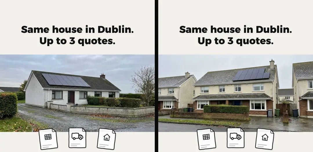 Two static ads with the same layout: a two-line headline, a photo of an Irish house with solar panels and three small symbols below, for a bungalow and a semi-detached house