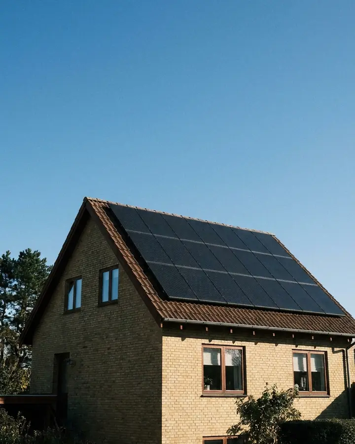 A photorealistic still of a yellow brick house with solar panels on a sunny day, with no words or symbols in the picture