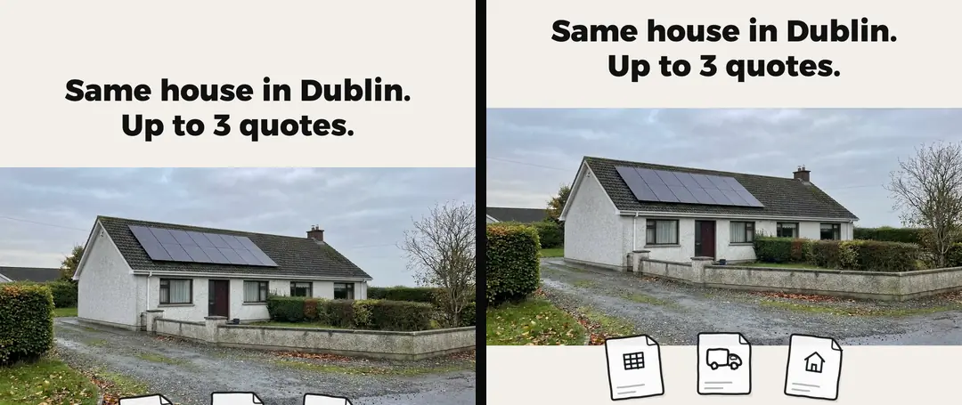 The top of one static ad in two layouts at the same height: the taller version cuts off its three symbols, the square version fits them under the photo