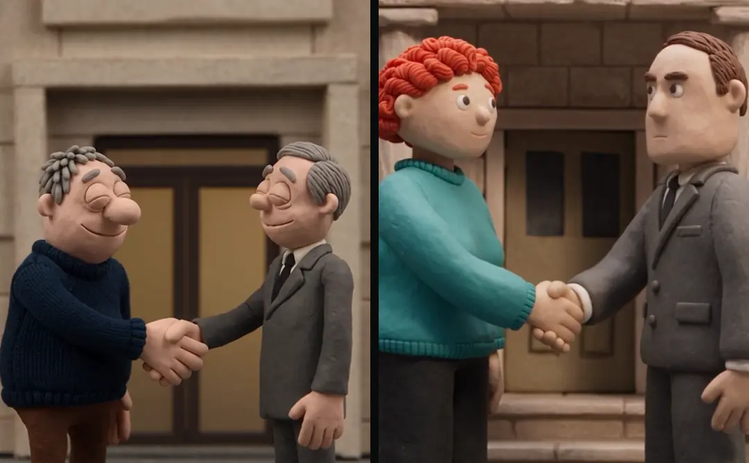 Two clay clips that look like a pair: a handshake in front of a stone bank facade, once with a man and once with a woman