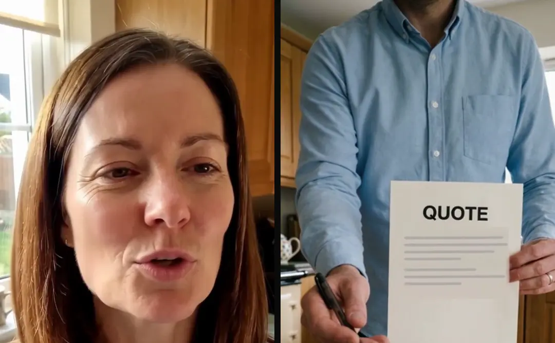 Two frames from one ad: an AI-generated woman speaking to the camera in a kitchen, and a man's hands holding a sheet marked Quote, his face out of frame
