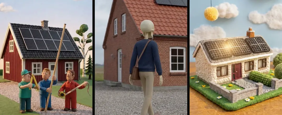 Three clips from one library: three clay installers measuring the roof of the same house, a cartoon skeleton walking past a brick house, and a crocheted bungalow in the sun