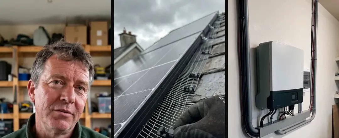 Three frames from one ad: an AI-generated man talking in a workshop, a roof with panels and bird mesh, and an inverter on a white wall