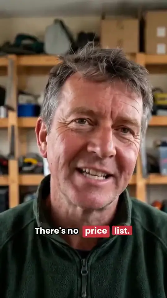 A muted loop of an AI-generated man in a workshop talking to the camera, with the caption There’s no price list