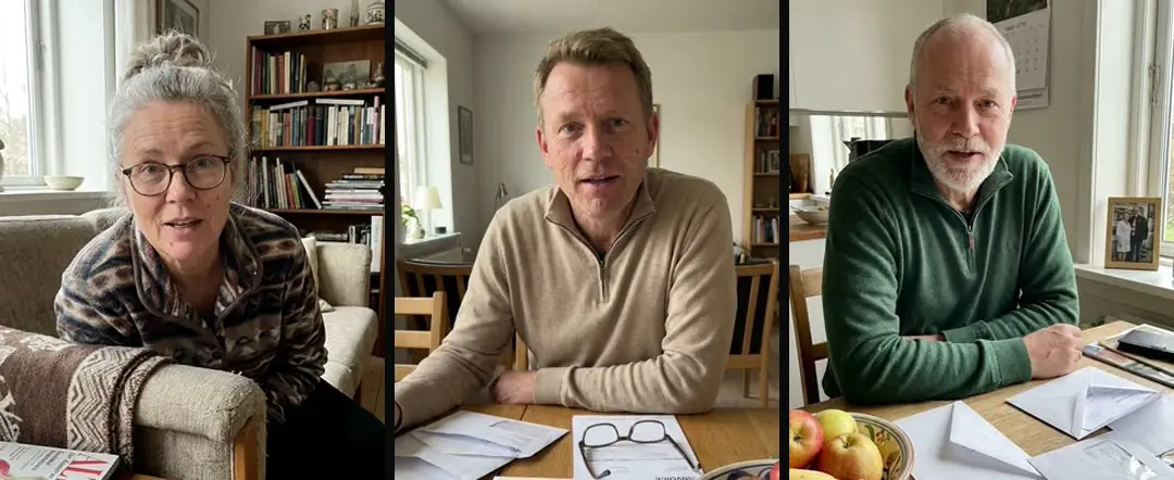 Three AI-generated portraits facing the camera: a woman with glasses in a living room, a man at a table with papers, and an older man in a green sweater at a kitchen table