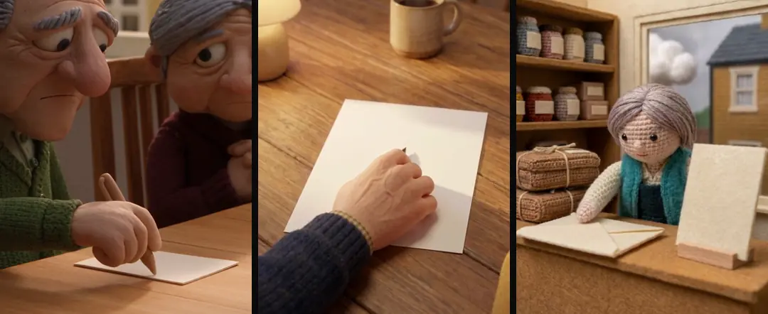 Hand shots in three materials: a clay hand holding a pen over a blank card, a 3D hand writing on blank paper, and a crochet shop owner's hand resting on a blank envelope