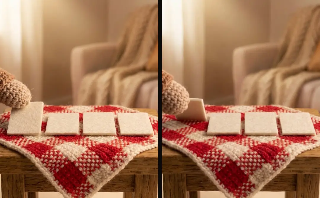 An approved crochet still of a hand above four blank cards on a gingham table, beside a frame from the clip as the hand tips the first card over