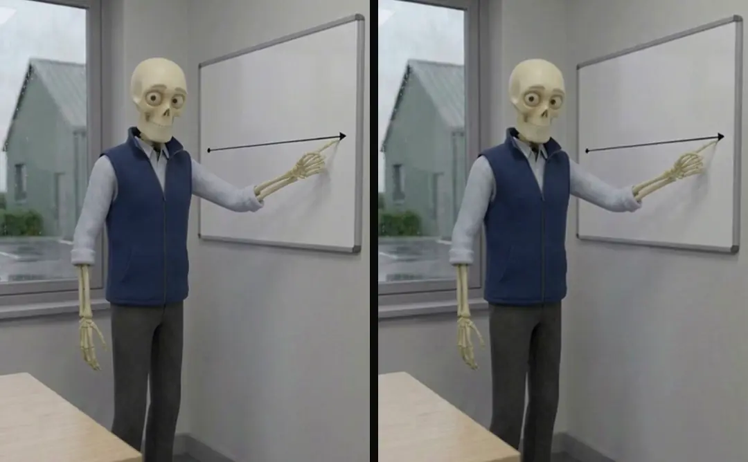 Two frames of a skeleton in an office at a whiteboard with a drawn line: the last frame of one shot and the first frame of the next