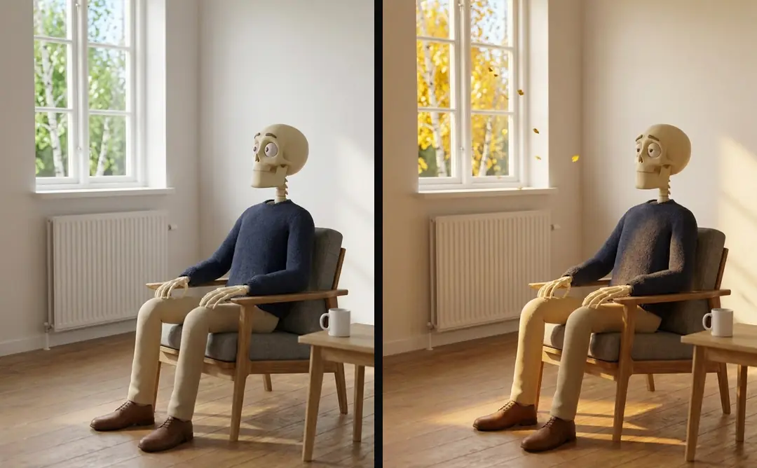 Two still frames of a skeleton waiting in an armchair by a window: the birch outside green in the first and turning in the second
