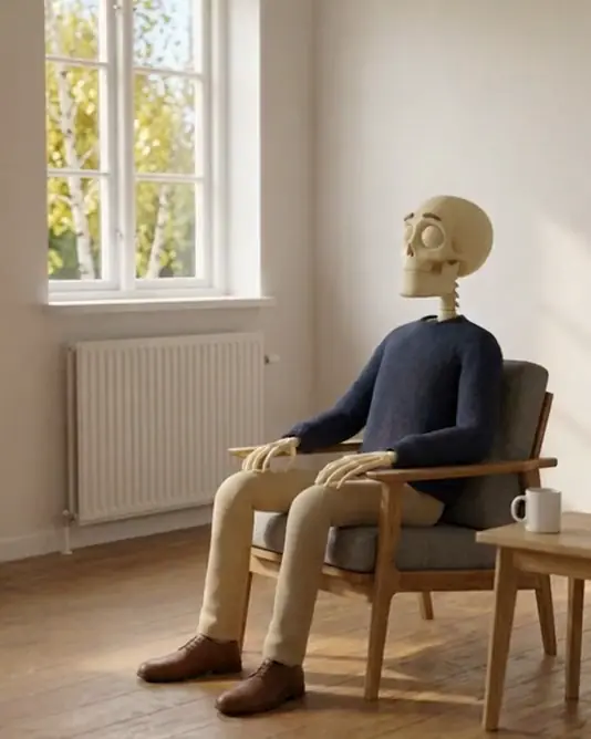A muted loop of a skeleton waiting in an armchair while the birch outside the window changes from summer green toward autumn