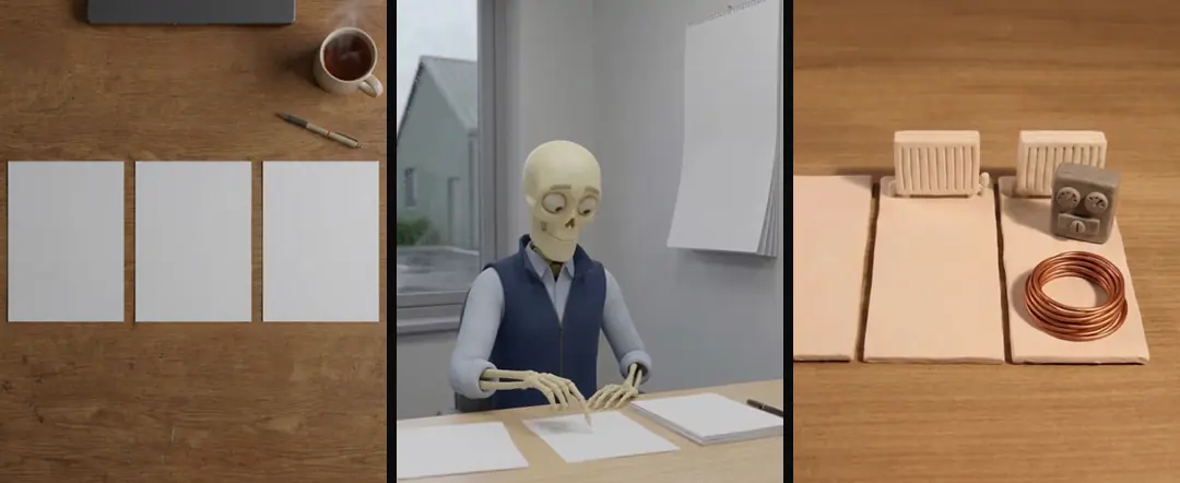 Blank surfaces in three materials: three empty sheets of paper on a wooden table, a skeleton at a desk with blank sheets and a notepad, and three blank clay sheets with small objects on them