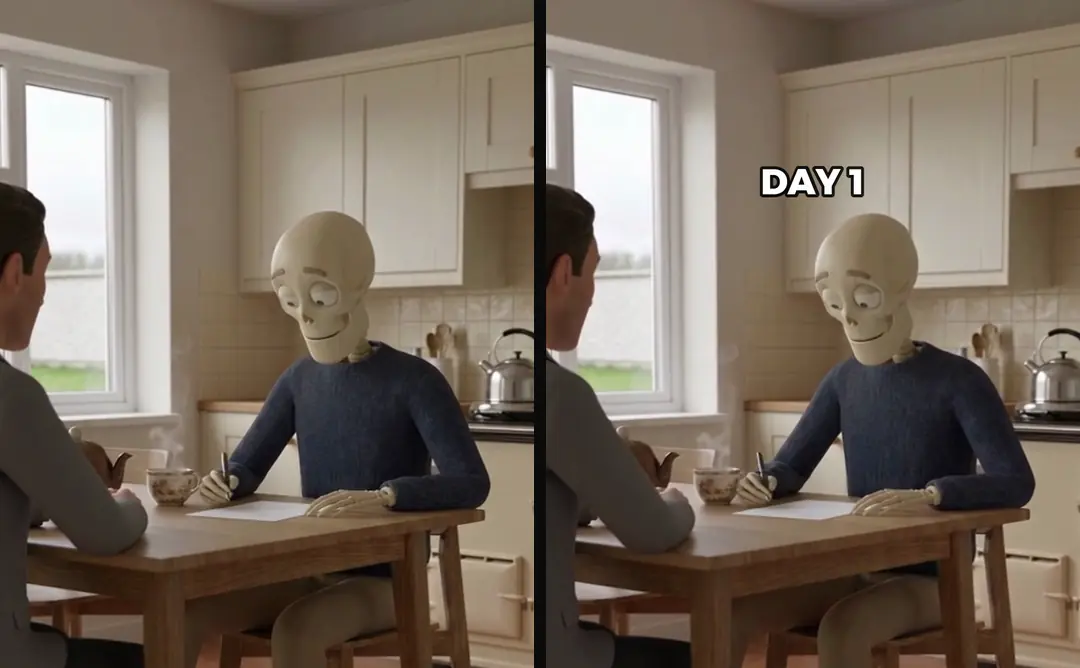 The same kitchen scene twice: a skeleton signing a blank sheet at a table, once as generated and once in the finished ad with a day label added