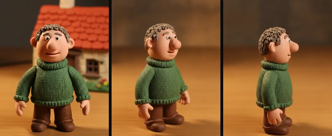 Our clay man in a knitted sweater from the front, three-quarter and side, against soft blurred backgrounds