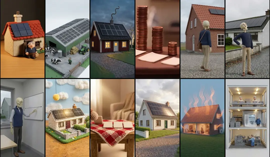 Twelve clips from our library in a grid: clay houses and coin stacks, a cartoon skeleton by a brick house, crocheted bungalows, 3D houses and a cut-away of a house