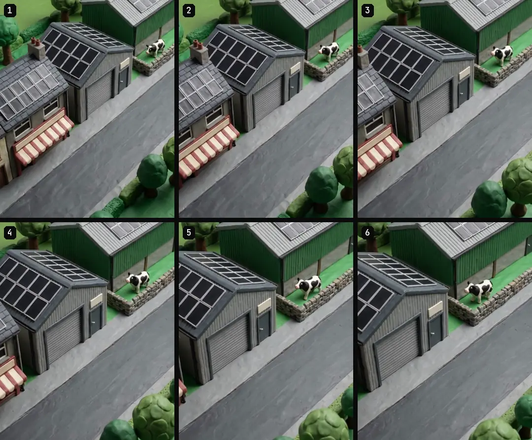 Six numbered frames from start to end of one rendered clay clip, a camera gliding along a road past a shop, a workshop and a shed with panels