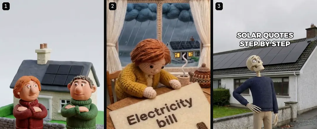 Numbered early frames of three finished vertical ads side by side: a clay couple at a house, a crochet woman with a paper reading Electricity bill, and a skeleton under the title Solar quotes step by step
