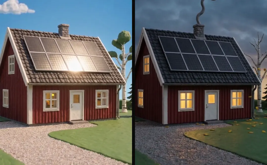 The same red clay house twice: in bright summer midday sun, and at autumn dusk with lights on in the windows