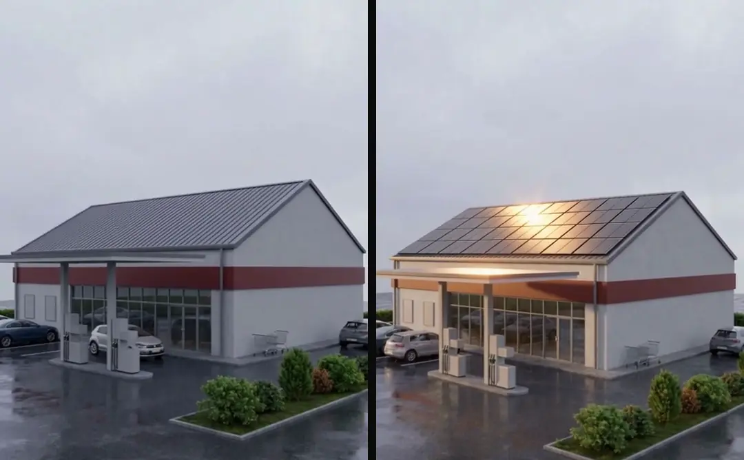 The same 3D village supermarket from nearly the same angle twice: first with a bare roof, then with black solar panels across it